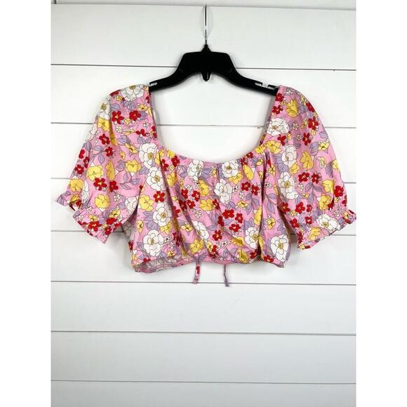 Vero Moda Pink Floral Print Puff Sleeve Tie Front Crop Blouse Size XL - Picture 3 of 10